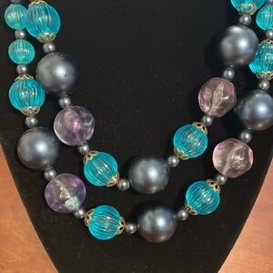 Vintage Dual Strand Chunky Aqua and Dark Gray Beaded Pearl 16” Necklace